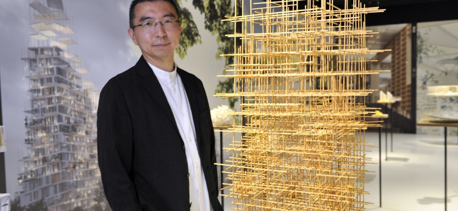 Sou Fujimoto, acclaimed Japanese architect, inspects one of 100 exhibits on display in his exhibition Futures of the Future at Japan House London